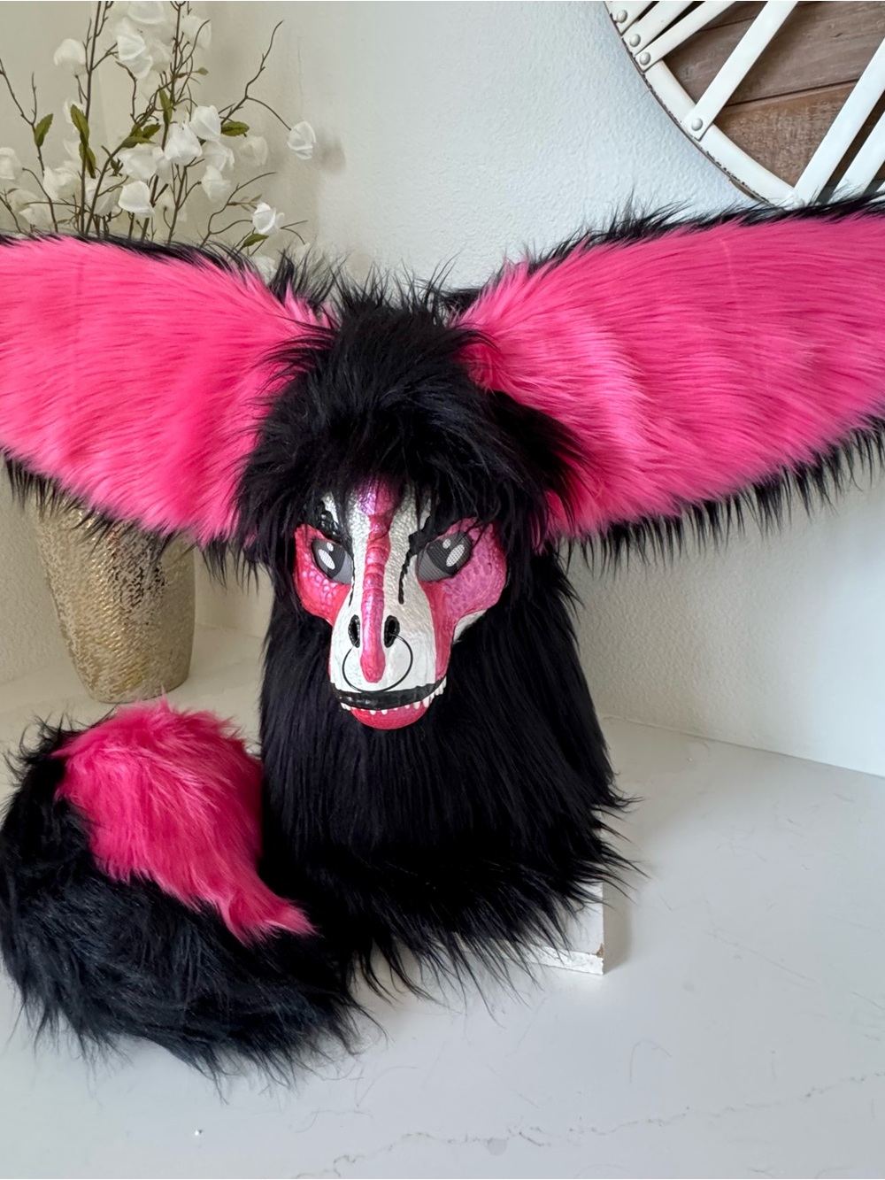 Dino Fursuit Mask. Ring Nose. Includes styrofoam head and wood stand